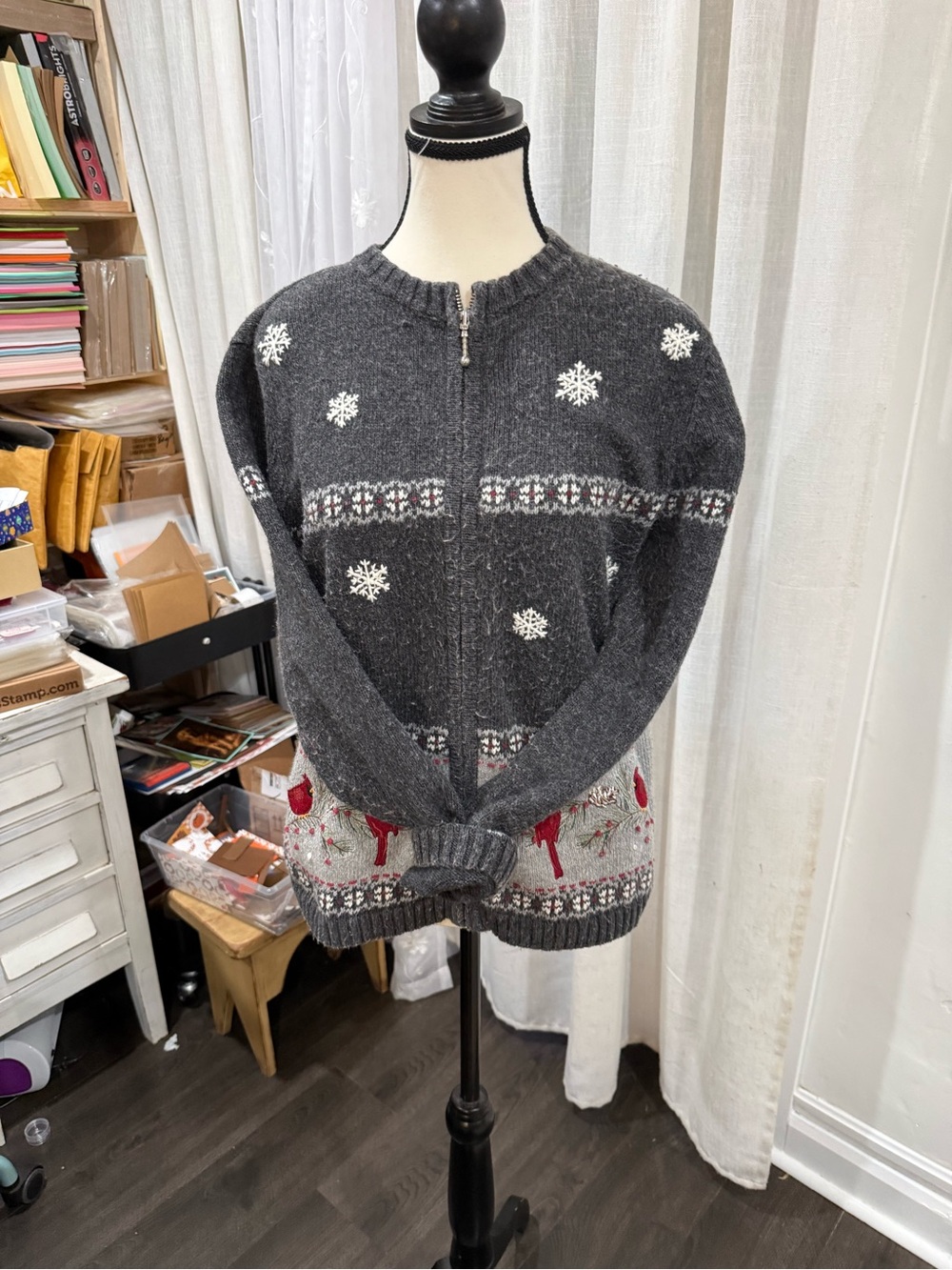 croft & barrow Charcoal Zip-Up Snowflake & Reindeer Sweater